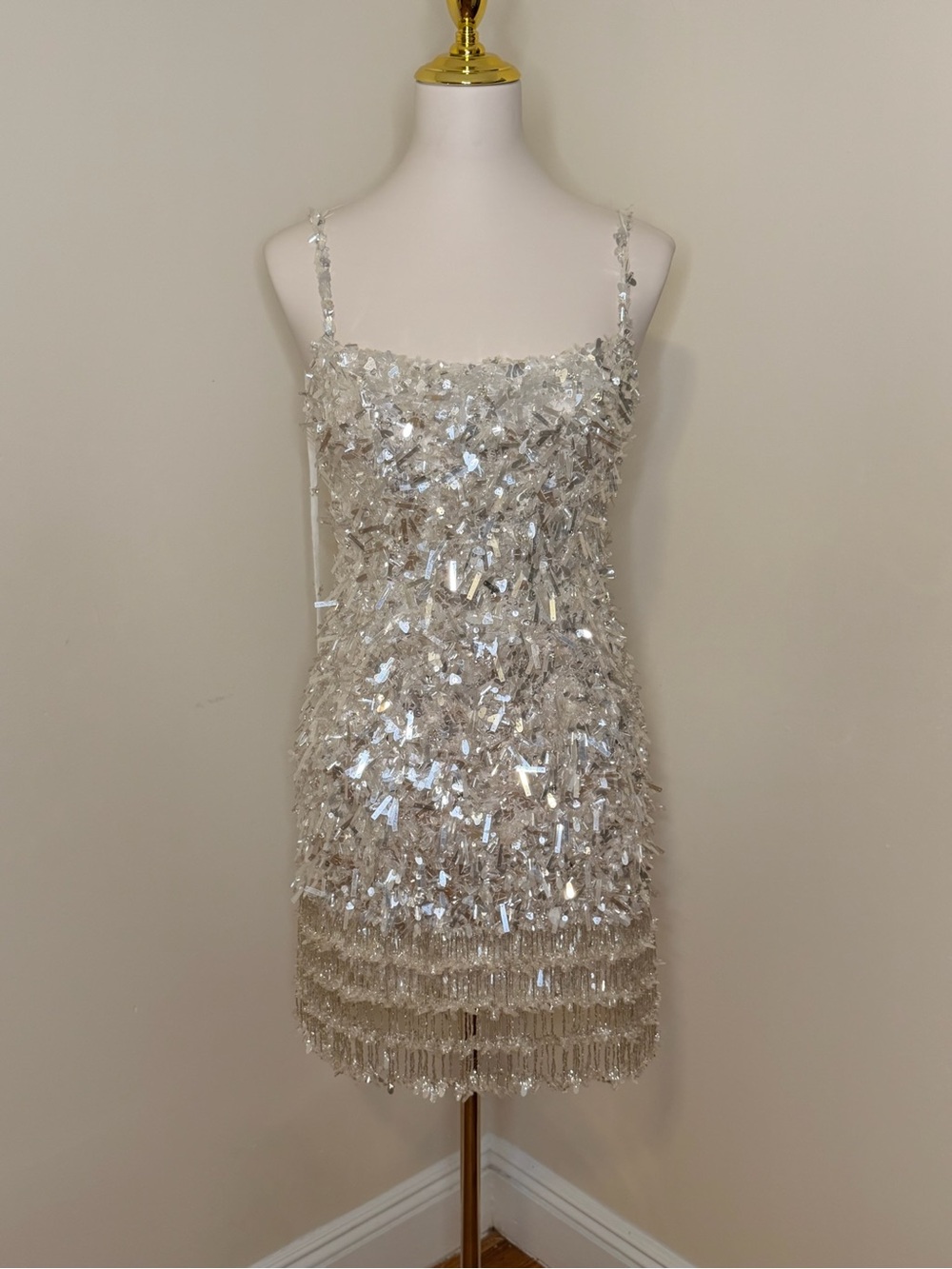 Rachel Gilbert Posie Mini Dress Silver Sequin Crystal Fringe Bridal sz 6 NWT